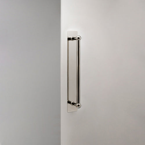 Polished Nickel Harper Single Pull Handle With Plate 320mm On White Background