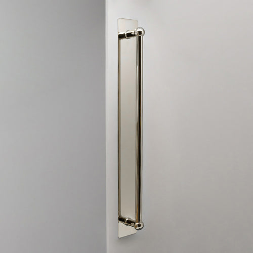 Polished Nickel Harper Single Pull Handle With Plate 500mm On White Background