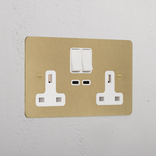 Elegant Antique Brass Double Socket With Usb-C Fast Charge White