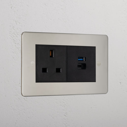 Premium Polished Nickel 13A Socket With Usb A+C Fast Charge Socket Black