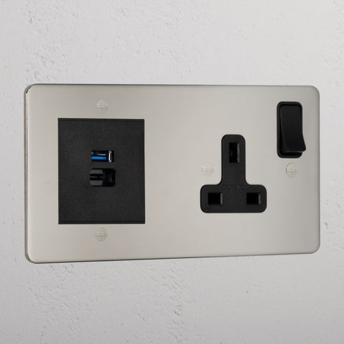 Designer Polished Nickel Single Socket And Usb A+C Fast Charge Socket Black