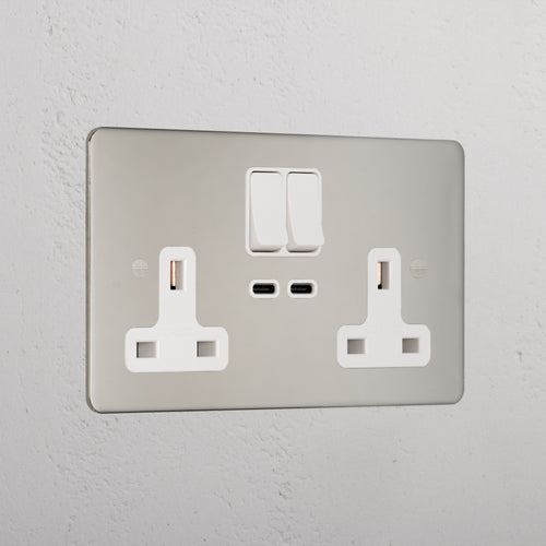 Luxury Polished Nickel Double Socket With Usb-C Fast Charge White