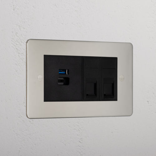 Luxury Polished Nickel 2x Cat6 And Usb A+C Fast Charge Socket Black