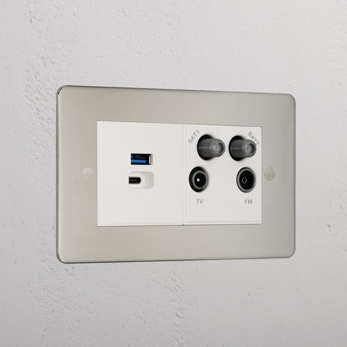 Luxury Polished Nickel Usb A+C Fast Charge And Tv Aerial Socket White