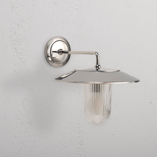 Kensington Wall Light Fluted Glass in polished nickel finish, medium wall light with ribbed glass shade.