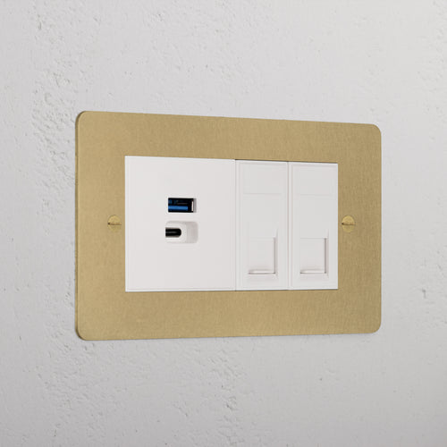 Premium Antique Brass 2x Cat6 And Usb A+C Fast Charge Socket White