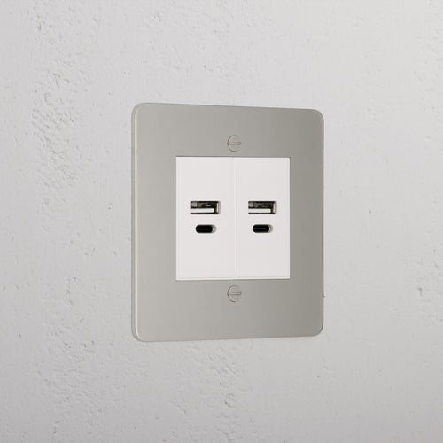 Designer Polished Nickel 2x Usb A+C Socket White
